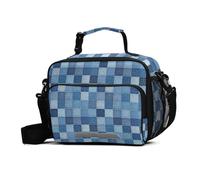 Sac à déjeuner isotherme de grande capacité avec bandoulière réglable pour adulte, motif écossais bleu (style denim) pour le travail, le pique-nique, la plage