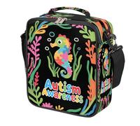 Sac à déjeuner isotherme et étanche réutilisable avec bandoulière pour la sensibilisation à l'autisme, motif hippocampe, pour l'école, le pique-nique, les voyages, la plage, la randonnée, la pêche