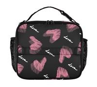Sac à déjeuner isotherme noir avec motif cœur d'amour pour femme, étanche, portable, bandoulière amovible, sac fourre-tout pour pique-nique, randonnée, camping