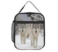 Sac à déjeuner isotherme portable avec deux loups marchant dans la neige imprimé avec poche latérale en maille, imperméable, étanche, doux, durable pour homme et femme, pour le travail, le pique-nique