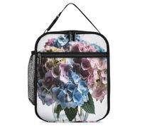 Sac à déjeuner isotherme portable - Motif fleurs d'hortensia dans un vase - Imprimé avec poche latérale en maille - Résistant à l'eau - Étanche - Doux - Pour homme et femme - Pour le travail, le