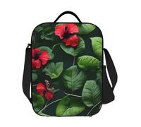 Sac à déjeuner isotherme pour homme et femme, grande boîte à déjeuner réutilisable, étanche, sac fourre-tout avec bandoulière réglable, feuilles de végétation avec fleurs d'hibiscus pour le travail