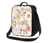 Sac à déjeuner isotherme pour homme et femme - Motif fleurs arc-en-ciel et signe de paix pour adultes - Petit sac fourre-tout léger avec sangle réglable