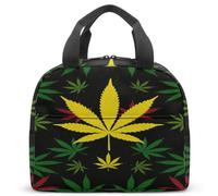 Sac à déjeuner isotherme Rastafarian Botanic Leaf de style reggae, jaune, rouge, vert, imprimé sur noir, rétro années 70, hippie, boîte isotherme, 23 x 13 x 21 cm, fourre-tout léger (01)
