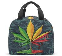 Sac à déjeuner isotherme Rastafarian Botanic Leaf de style reggae, jaune, rouge, vert, imprimé sur noir, rétro années 70, hippie, boîte isotherme, 23 x 13 x 21 cm, fourre-tout léger (07)