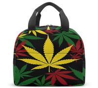 Sac à déjeuner isotherme Rastafarian Botanic Leaf de style reggae, jaune, rouge, vert, imprimé sur noir, rétro années 70, hippie, boîte isotherme, 23 x 13 x 21 cm, fourre-tout léger (08)
