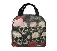 Sac à déjeuner isotherme réutilisable avec poche avant pour le travail et le pique-nique Motif tête de mort et rose rouge