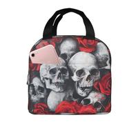 Sac à déjeuner isotherme réutilisable avec poche avant pour le travail et le pique-nique Motif tête de mort et rose rouge