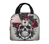 Sac à déjeuner isotherme réutilisable avec poche avant pour le travail et le pique-nique Motif tête de mort Rose rouge