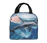 Sac à déjeuner isotherme réutilisable et étanche avec poches latérales - Motif dauphins - Grand sac à repas pour le travail, les voyages et l'extérieur