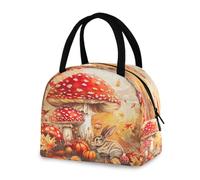 Sac à déjeuner isotherme, sac à main fourre-tout champignons (rouge à pois blancs), citrouilles, glands et feuilles d'érable se rassemblent sur le sol et un lapin réutilisable pour l'école et