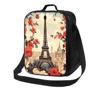 Sac à déjeuner Paris vintage à motif floral, boîte à déjeuner pour homme et femme, sac à déjeuner isotherme réutilisable, étanche avec bandoulière réglable, joli sac fourre-tout pour adulte