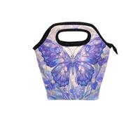 Sac à déjeuner pour femme avec poignée incurvée - Jolie boîte à déjeuner étanche et portable - Pour bureau, camping, papillon, iris et fleurs - Violet et bleu - Tarot