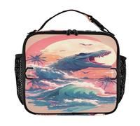 Sac à déjeuner pour garçons avec poches zippées, boîte à déjeuner pour fille, bandoulière amovible, sac fourre-tout pour le travail, le bureau, style rétro années 90, dinosaure et vague coloré