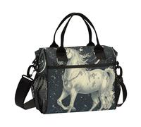 Sac à déjeuner réutilisable avec bandoulière motif de licornes blanches de style bohème avec illustration de poker pour enfants, université S