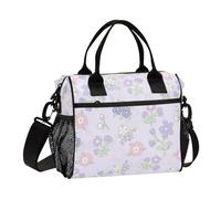 Sac à déjeuner violet avec petite fleur mignonne pour le travail avec poche latérale, sac fourre-tout avec bandoulière pour collège adolescent université