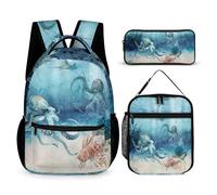 Sac à dos 3 en 1 pour enfants, garçons et filles, motif scène de vie sous-marine, sac à dos d'école imperméable avec boîte à déjeuner et trousse à crayons, joli sac à livres, sac d'école, durable et