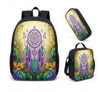 Sac à dos 3 pièces motif attrape-rêves 43,2 cm avec plumes magiques pour filles Motif forêt mystique, 12, L, Minimaliste