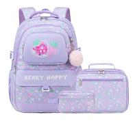 Sac à dos 3 pièces pour filles avec sac à déjeuner et trousse à crayons, joli sac à livres pour école primaire et collège, violet, 15.6 Inches, Mignon