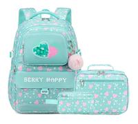 Sac à dos 3 pièces pour filles avec sac à déjeuner et trousse à crayons, joli sac à livres pour école primaire et collège, vert, 15.6 Inches, Mignon