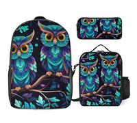 Sac à dos 3 pièces pour homme et femme - Léger et décontracté - Avec sac à déjeuner isotherme et trousse à crayons - Motif hibou violet et vert - Style : taille unique, Style :, Taille unique
