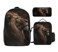Sac à dos 3 pièces pour homme et femme - Léger et décontracté - Avec sac à déjeuner isotherme et trousse à crayons - Le lion lève la tête, Style :, Taille unique