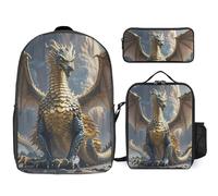 Sac à dos 3 pièces pour homme et femme - Léger et décontracté - Avec sac à déjeuner isotherme et trousse à crayons - Motif dragon et lune violette