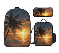 Sac à dos 3 pièces pour homme et femme - Léger et décontracté - Sac à bandoulière avec sac à déjeuner isotherme et trousse à crayons - Palmier coucher de soleil
