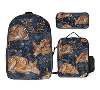 Sac à dos 3 pièces pour homme et femme - Léger et décontracté - Sac à bandoulière avec sac à déjeuner isotherme et trousse à crayons - Petit cerf endormi