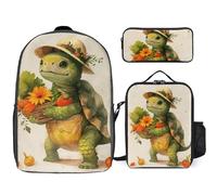 Sac à dos 3 pièces pour homme et femme - Léger et décontracté - Sac à bandoulière avec sac à déjeuner isotherme et trousse à crayons - Motif tortue de dessin animé