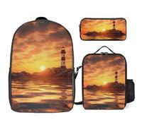 Sac à dos 3 pièces pour homme et femme - Léger et décontracté - Sac à bandoulière avec sac à déjeuner isotherme et trousse à crayons - Phare de mer au coucher du soleil