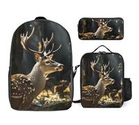 Sac à dos 3 pièces pour homme et femme - Léger et décontracté - Sac à bandoulière avec sac à déjeuner isotherme et trousse à crayons - Motif cerf dans la nature
