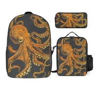 Sac à dos 3 pièces pour homme et femme - Léger et décontracté - Sac à déjeuner isotherme et trousse à crayons - Motif pieuvre orange