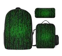 Sac à dos 3 pièces pour homme et femme - Léger et décontracté - Sac à déjeuner isotherme et trousse à crayons - Binaire à chiffres verts - Style - Taille unique