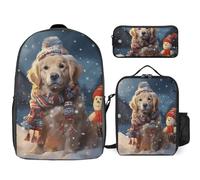 Sac à dos 3 pièces pour homme et femme - Léger et décontracté - Sac à déjeuner isotherme et trousse à crayons - Motif chien mignon et bonhomme de neige