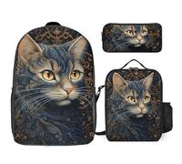 Sac à dos 3 pièces pour homme et femme - Léger et décontracté - Sac à déjeuner isotherme et trousse à crayons - Motif de chat