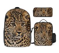 Sac à dos 3 pièces pour homme et femme - Léger et décontracté - Sac à déjeuner isotherme et trousse à crayons - Motif léopard mignon - Style - Taille unique