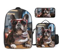 Sac à dos 3 pièces pour homme et femme - Léger et décontracté - Sac à déjeuner isotherme et trousse à crayons - Bouledogue français portant des lunettes de soleil