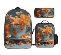 Sac à dos 3 pièces pour homme et femme - Léger et décontracté - Sac à déjeuner isotherme et trousse à crayons - Motif fleurs dans la tasse
