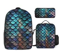 Sac à dos 3 pièces pour homme et femme - Léger et décontracté - Sac à déjeuner isotherme et trousse à crayons - Motif écailles de dragon magique 3D