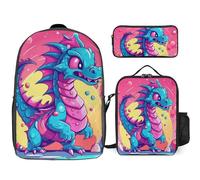 Sac à dos 3 pièces pour homme et femme - Léger et décontracté - Sac à déjeuner isotherme et trousse à crayons - Motif dragon de dessin animé