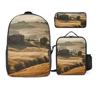 Sac à dos 3 pièces pour homme et femme - Léger - Sac à bandoulière décontracté avec sac à déjeuner isotherme et trousse à crayons - Vue du paysage typique de la Toscane