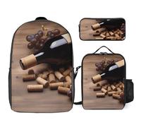 Sac à dos 3 pièces pour homme et femme - Léger - Sac à bandoulière décontracté avec sac à déjeuner isotherme et trousse à crayons - Organisateurs de bouteilles de vin en liège - Raisins