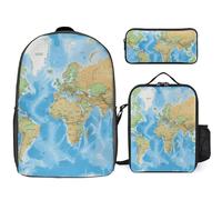 Sac à dos 3 pièces pour homme et femme - Léger - Sac à bandoulière décontracté avec sac à déjeuner isotherme et trousse à crayons - Carte du monde