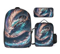 Sac à dos 3 pièces pour homme et femme - Léger - Sac à bandoulière décontracté avec sac à déjeuner isotherme et trousse à crayons - Le dragon est en train de monter en flèche