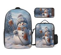 Sac à dos 3 pièces pour homme et femme - Léger - Sac à bandoulière décontracté avec sac à déjeuner isotherme et trousse à crayons - Organisateurs de bonhomme de neige
