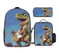 Sac à dos 3 pièces pour homme et femme - Léger - Sac à bandoulière décontracté avec sac à déjeuner isotherme et trousse à crayons - Motif dinosaure jouant de la guitare - Style - Taille unique