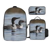 Sac à dos 3 pièces pour homme et femme - Léger - Sac à bandoulière décontracté avec sac à déjeuner isotherme et trousse à crayons - Oiseaux de huard