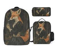 Sac à dos 3 pièces pour homme et femme - Léger - Sac à bandoulière décontracté avec sac à déjeuner isotherme et trousse à crayons - Renard élégant, Style :, Taille unique