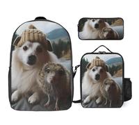 Sac à dos 3 pièces pour homme et femme - Léger - Sac à bandoulière décontracté avec sac à déjeuner isotherme et trousse à crayons - Motif hérisson et chien - Style - Taille unique, Style :, Taille